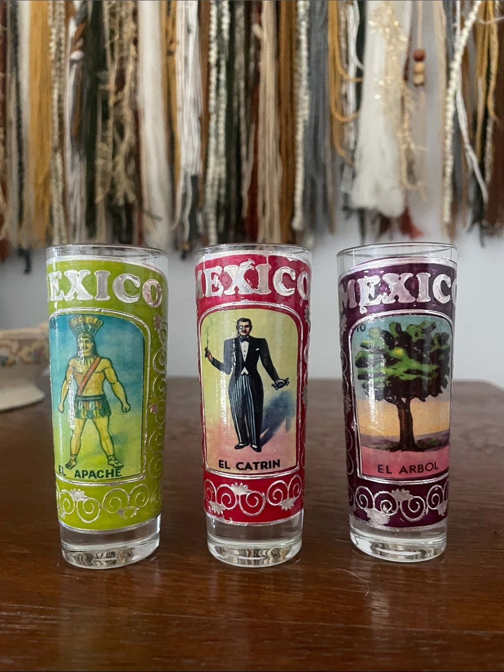 Set of 3 Mexico Lotería Style Shot Glasses - Green, Red, Purple